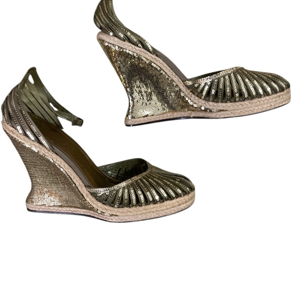 I VTG JOEY O Gold Sequin and Green Women’s Strappy Wedges-Heels-10 M-AMAZING!